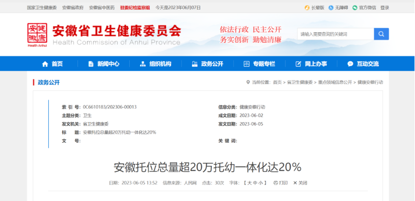 安徽托幼一体化达20％，千人托位数3.5个，托位总量超20万